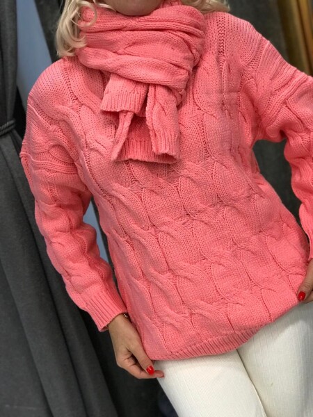 Комплект пуловер с шал 2 в бонбонен цвят