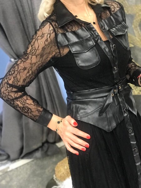 Черна дантелена рокля с елементи